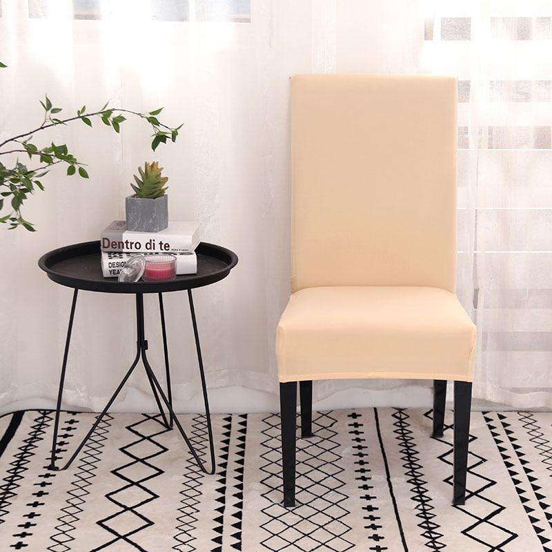 Funda de silla beige elástica en ambiente moderno con mesa auxiliar y planta decorativa, perfecta para renovar el estilo de tu comedor. Disponible en blueemoonco.com, especialistas en fundas de sofá y silla en España y la UE.