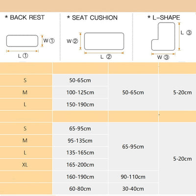 Tabla de tallas para fundas de sofás y sillas, mostrando dimensiones para respaldos, cojines de asiento y formas de L en diferentes tamaños (S, M, L, XL), disponible en blueemoonco.com, especialistas en fundas de muebles en España y la UE.